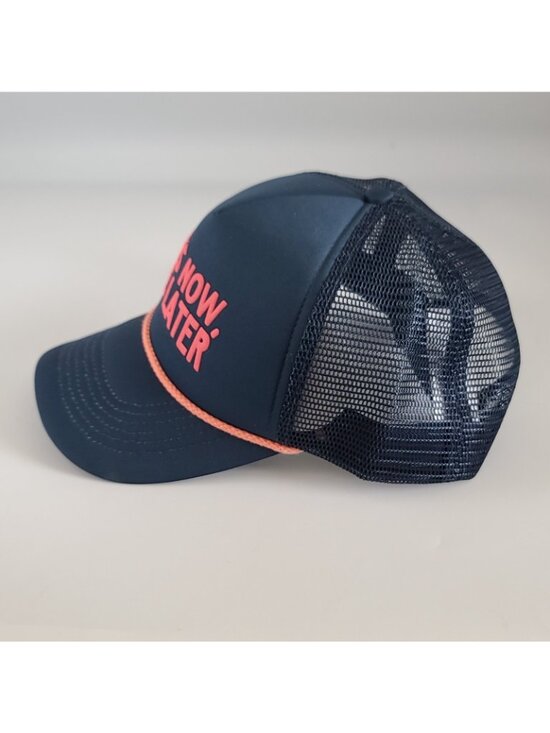 Anthropologie Daily Practice Trucker Hat Cap PLANKS NOW WINE LATER Navy NWOT